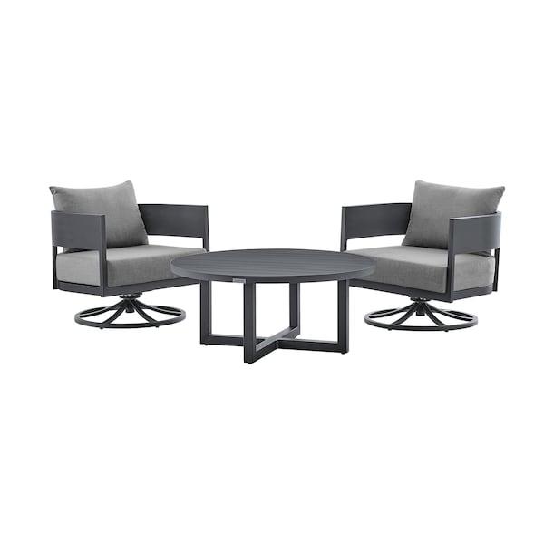Armen Living Argiope 3 Piece Patio Outdoor Swivel Seating Set in Dark Gray Aluminum with Gray Cushions 840254332638 - main